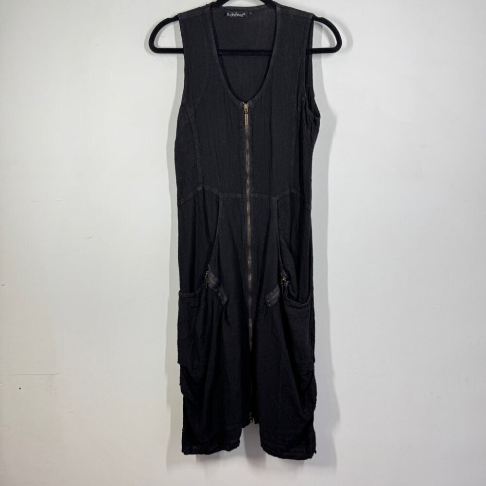 Bohème Black Lagenlook Linen Zip Front Dress Size 1 Sleeveless Boho Casual - Picture 3 of 13